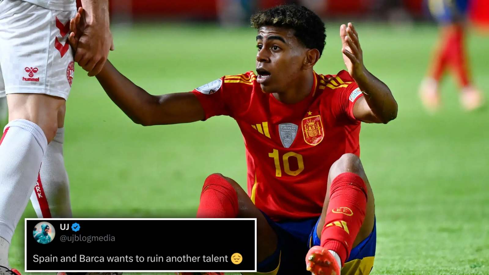 “Spain wants to ruin another talent” – Fans ENRAGED as Lamine Yamal leaves game against Denmark limping due to overload 