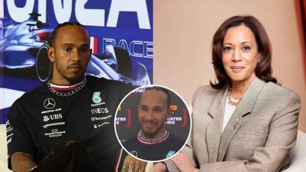 Lewis Hamilton (via IMAGO, @sim3744/X, Screenshot), and Kamala Harris (via LA Times)