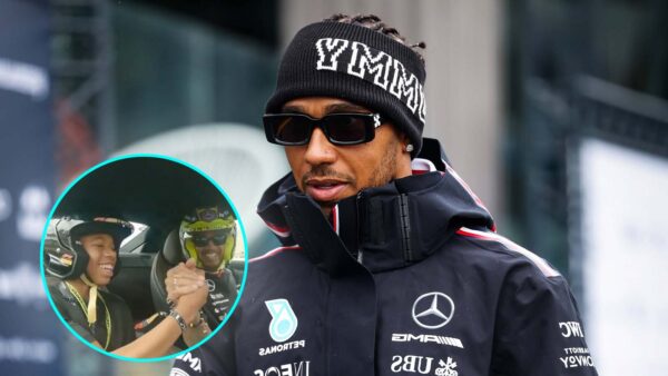 Lewis Hamilton (via IMAGO), Hamilton driving around with junior driver Kenzo Craigie (in circle, via Sky Sports)