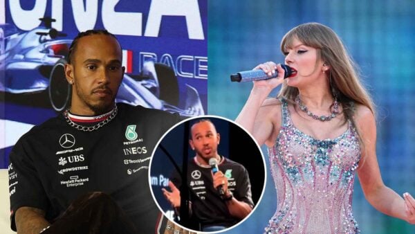 Lewis Hamilton and Taylor Swift (via IMAGO, @sim3744/X, Screenshot)