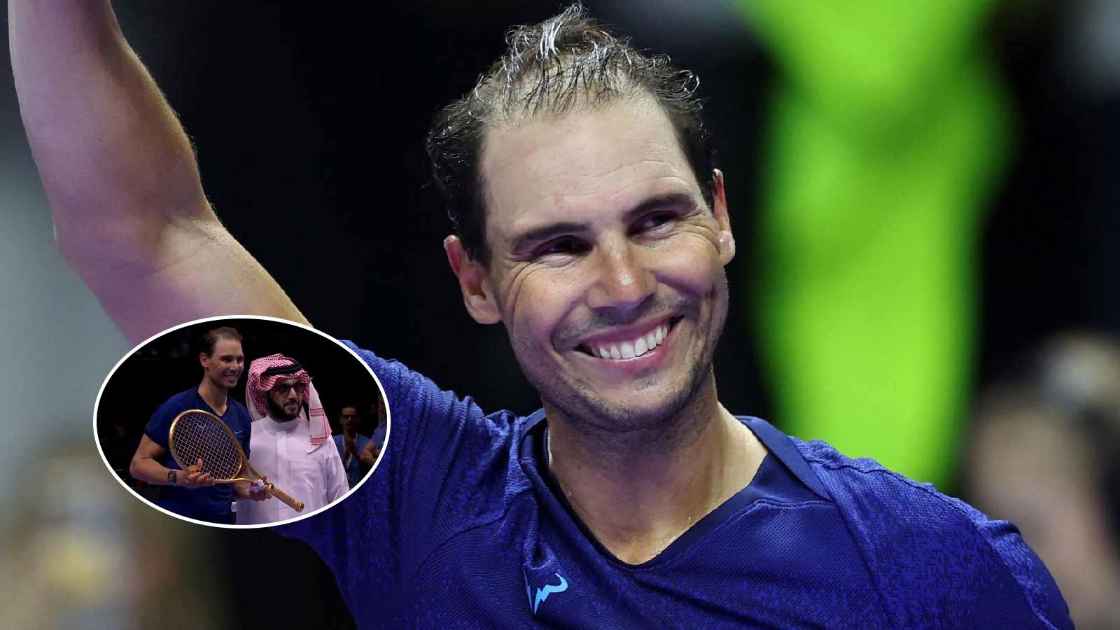 “Saudi money is crazy”- Fans left bewildered as Rafael Nadal gets a golden racket at Six Kings Slam