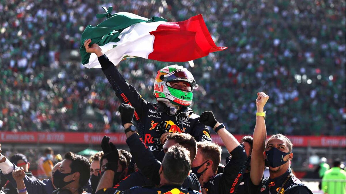 Sergio Perez celebrating a podium finish at the 2021 Mexican GP (via Red Bull)