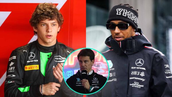 Kimi Antonelli, Lewis Hamilton and Toto Wolff (via IMAGO)