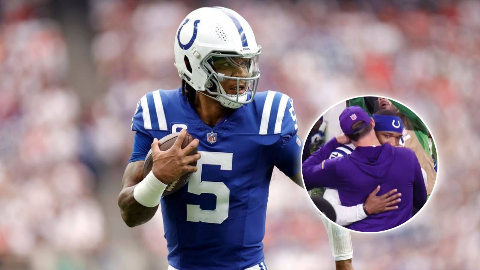 Colts Anthony Richardson receives words of encouragement from Vikings head coach Kevin O’Connell