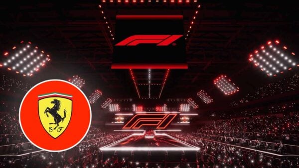 3D render of the F1 75 event at the O2 arena (via Formula 1), Ferrari logo (in circle, via Ferrari)