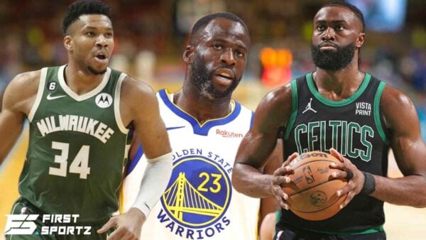 Giannis Antetokounmpo, Draymond Green and Jaylen Brown