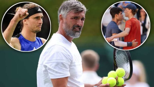 Goran Ivanisevic, (left circle) Alexander Zverev, (right circle) Carlos Alcaraz, and Jannik Sinner (via Tennis Majors/BBC/NBC Sports)