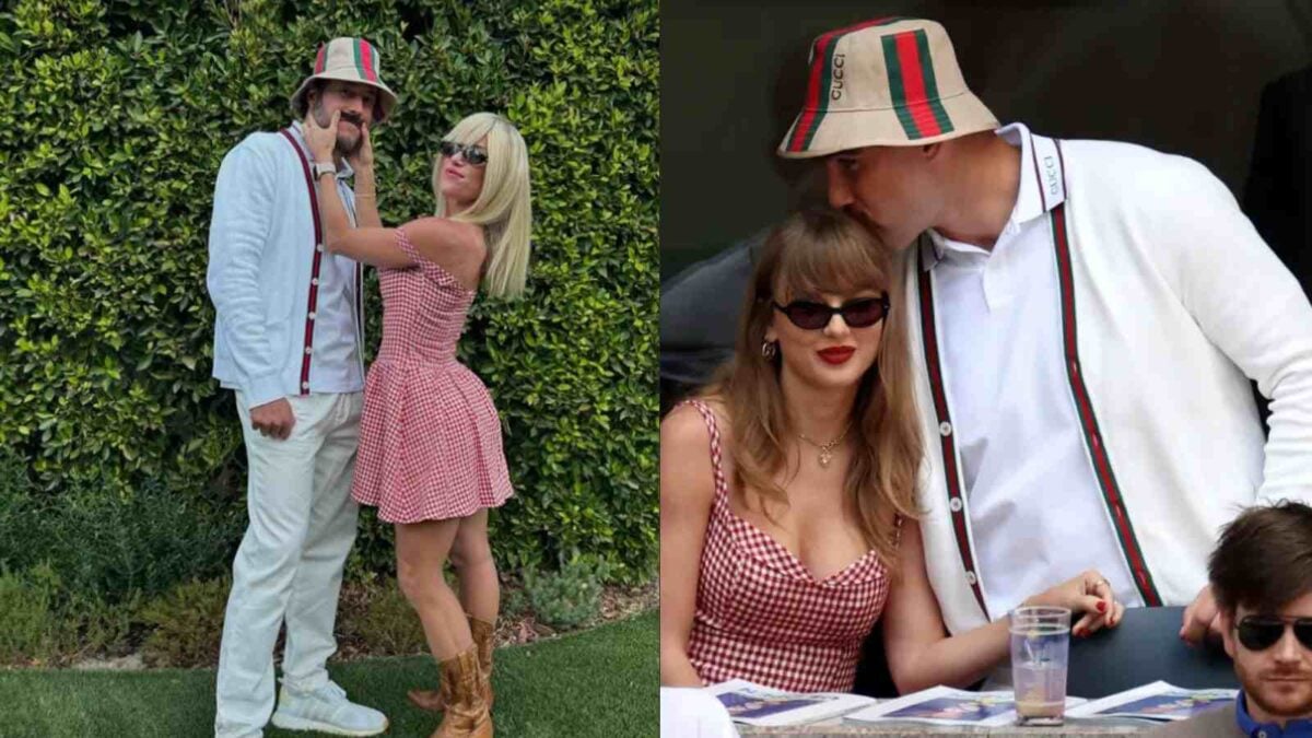 Kelly Stafford and Matthew Stafford dressed up as Taylor Swift and Travis Kelce for Halloween