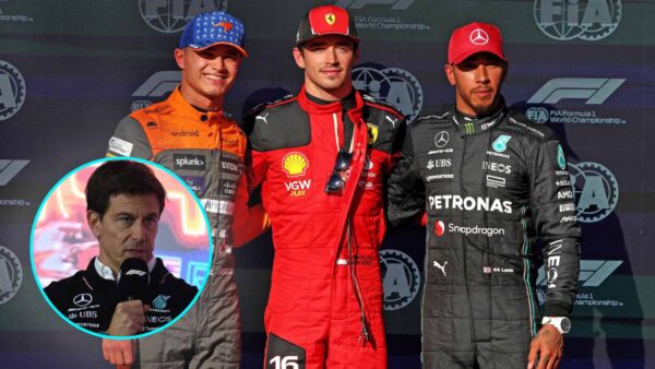 Lando Norris, Charles Leclerc and Lewis Hamilton (via Racingnews365), Toto Wolff (in circle, via IMAGO)