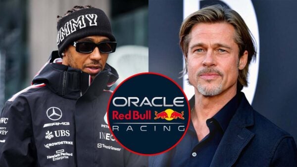 Lewis Hamilton and Brad Pitt (via IMAGO), Red Bull Logo (in circle, via Red Bull)