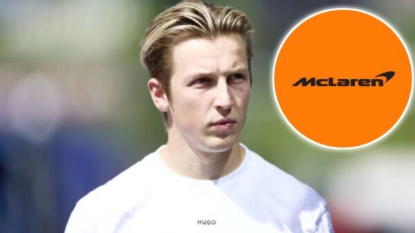 Liam Lawson and McLaren logo.