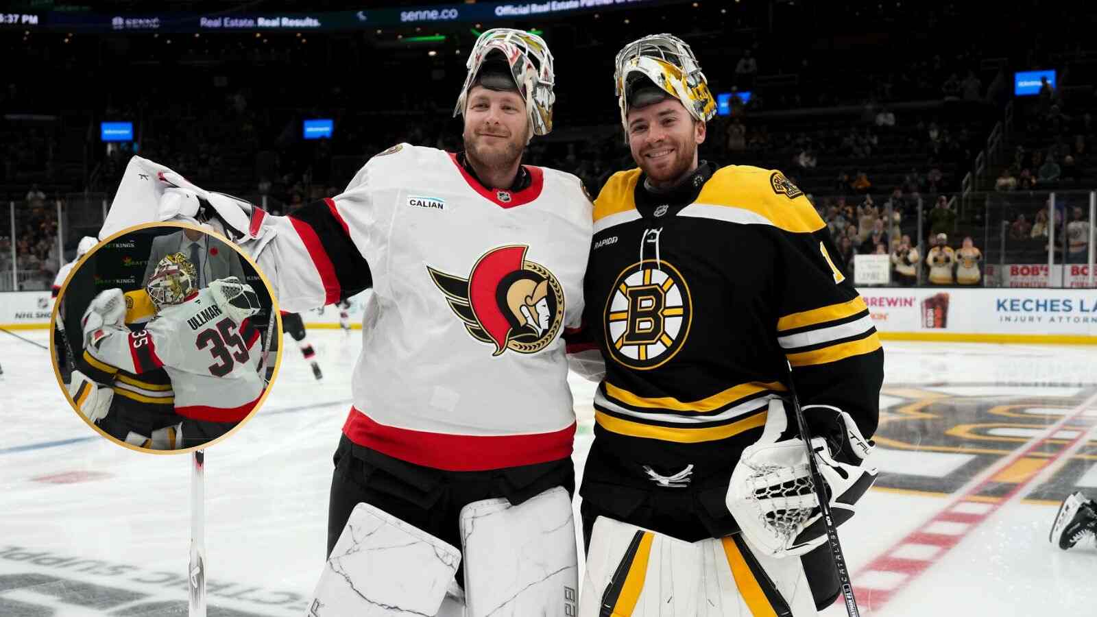 (Video) Ex-teammates Jeremy Swayman and Linus Ullmark share EMOTIONAL hug after reuniting before Bruins-Senators game