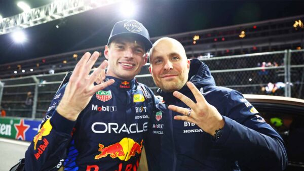 Max Verstappen and Gianpiero Lambiase showcasing Verstappen's four championship win (via Red Bull)