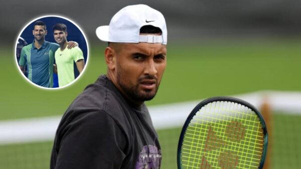 Nick Kyrgios, (in circle) Novak Djokovic and Carlos Alcaraz (via Tennis Gazette/Eurosport)