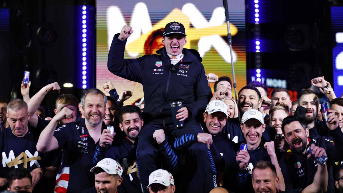 Red Bull crew celebrating Max Verstappen's 2024 championship victory (via Red Bull)