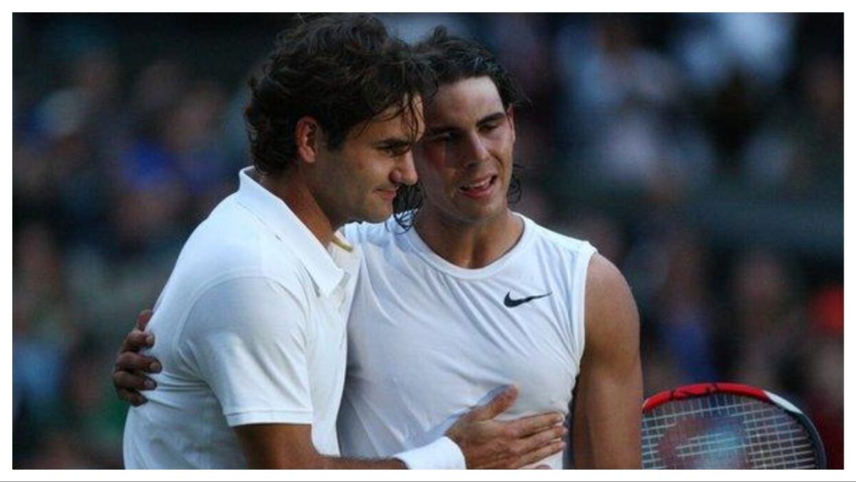 Roger Federer and Rafael Nadal after the 2008 Wimbledon Final