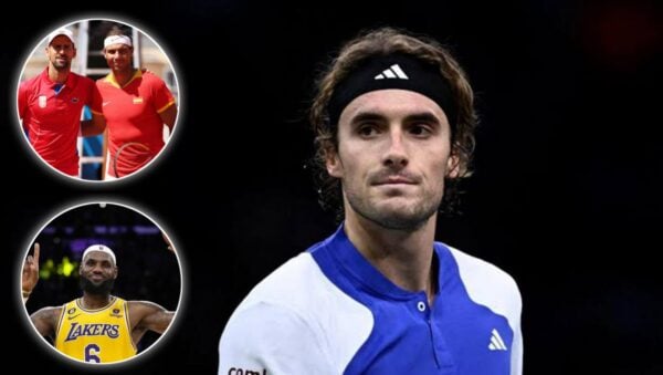 Stefanos Tsitsipas, (in circle) Novak Djokovic, Rafael Nadal, and LeBron James (via BBC/Olympics/Euronews)