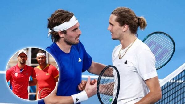 Stefanos Tsitsipas and Alexander Zverev, (in circle) Novak Djokovic and Rafael Nadal (via Eurosport/Olympics)