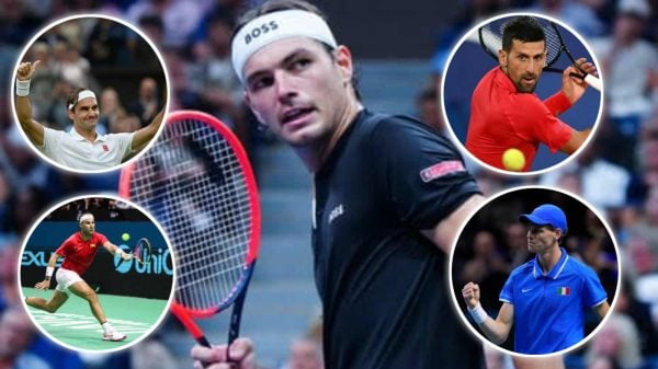 Taylor Fritz, (in circle) Roger Federer, Rafael Nadal, Novak Djokovic, and Jannik Sinner (via The Guardian/Forbes/CNN/X The Independent)