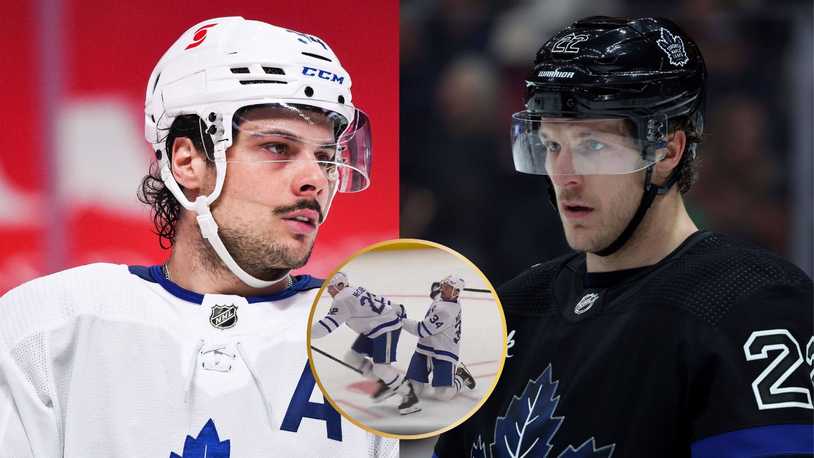 WATCH: Maple Leafs star Jake McCabe HILARIOUSLY drags teammate Auston Matthews towards bench after forward losses skate blade