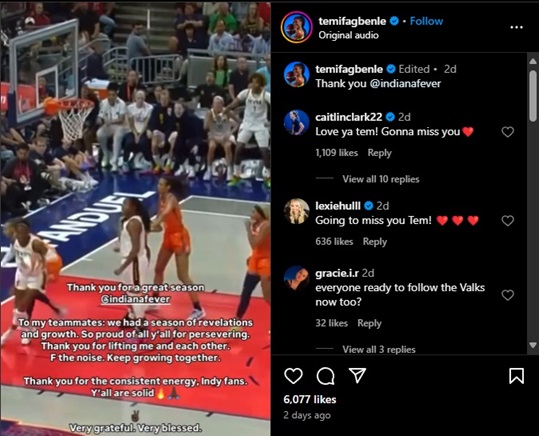 Caitlin Clark responds to Temi Fagbenle after her move to Golden State Valkyries