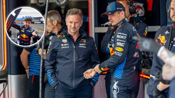 Christian Horner, Max Verstappen and Arvid Lindblad