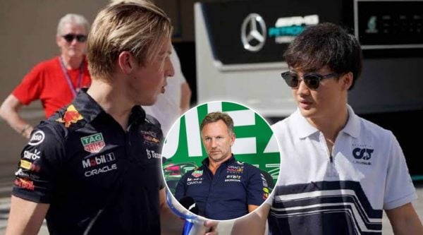 Liam Lawson, Yuki Tsunoda and Christian Horner (via IMAGO)