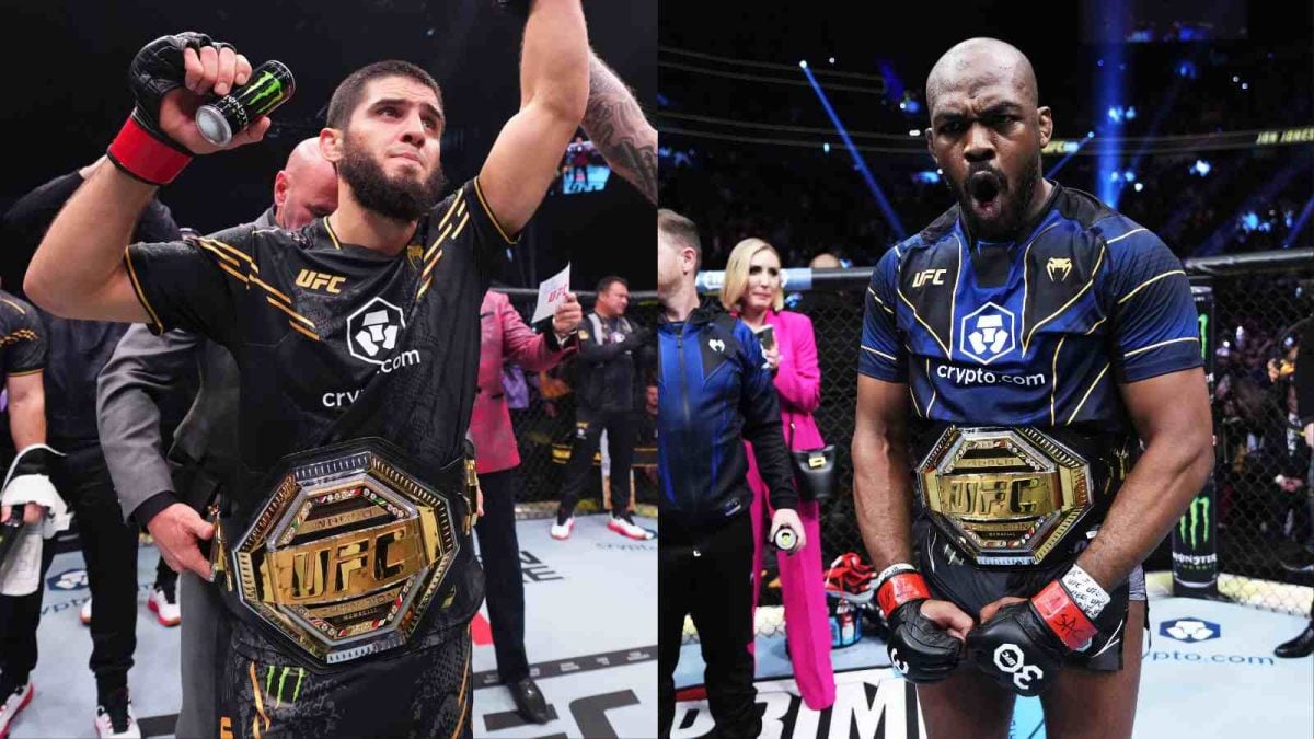 Islam Makhachev and Jon Jones after winning their UFC championship belts