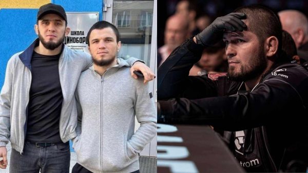 Khabib Nurmagomedov reacts to his brothers, Islam Makhachev and Umar Nurmagomedov fighting on the same card