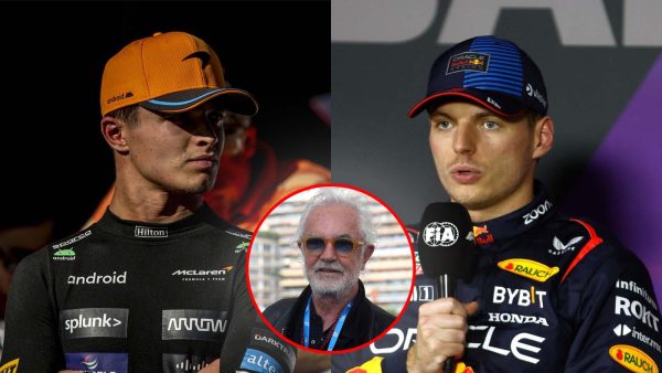 Lando Norris, Flavio Briatore and Max Verstappen (via IMAGO)