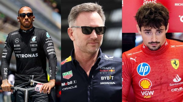 Lewis Hamilton, Christian Horner and Charles Leclerc