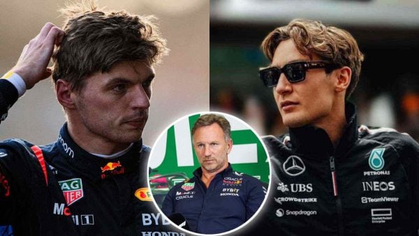 Max Verstappen, Christian Horner, and George Russell