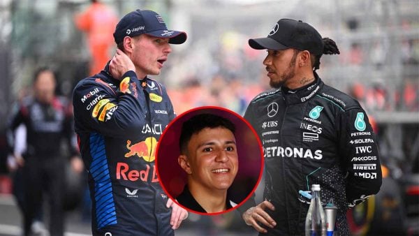 Max Verstappen and Lewis Hamilton (via Formula 1), Isack Hadjar (via Getty Images)