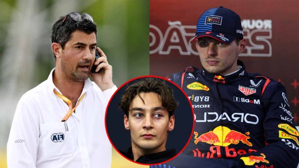 Michael Masi (via Getty), Max Verstappen (via Red Bull), George Russell (in circle, via XPBimages)