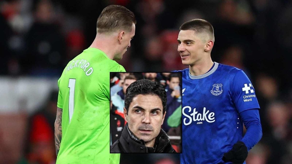 Mikel Arteta and Jordan Pickford