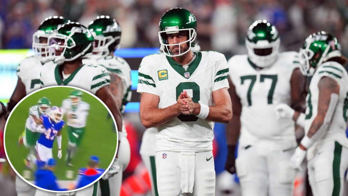 New York Jets QB Aaron Rodgers gets flagged for unnecessary roughness after his 2nd interception