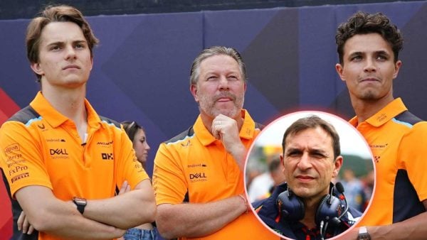 Oscar Piastri, Zak Brown, Lando Norris and Pierre Wache