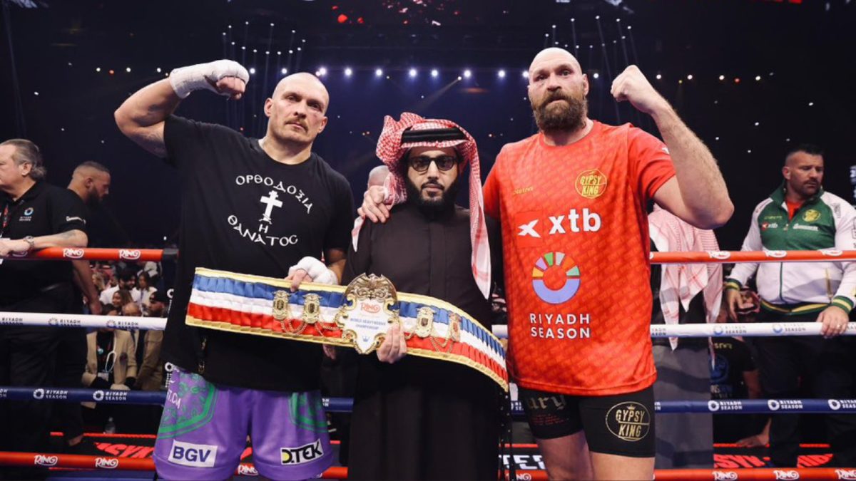 Turki Alalshikh with Oleksandr Usyk and Tyson Fury after the rematch fight