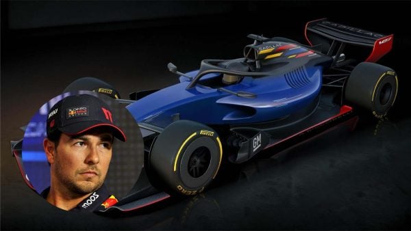 3D model of GM-Cadillac's F1 chassis in 2026 (via BBC), Sergio Perez (in circle, via IMAGO)