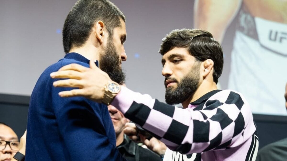Arman Tsarukyan and Islam Makhachev at UFC 311 pre-fight press conference