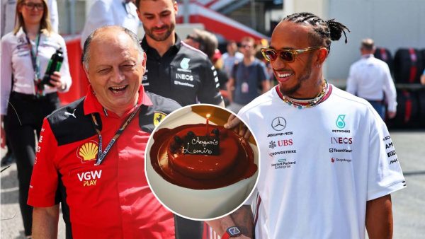 Fred Vasseur and Lewis Hamilton (via XPBimages), Ferrari's birthday cake for Hamilton (screenshot via @scuderiaferrari/Instagram)