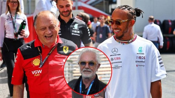 Fred Vasseur and Lewis Hamilton (via XPBimages), Flavio Briatore (in circle, via IMAGO)