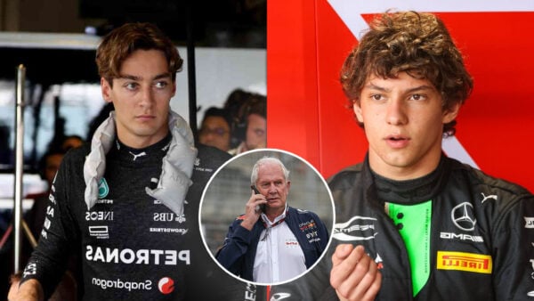 George Russell, Helmut Marko and Kimi Antonelli (images via IMAGO)