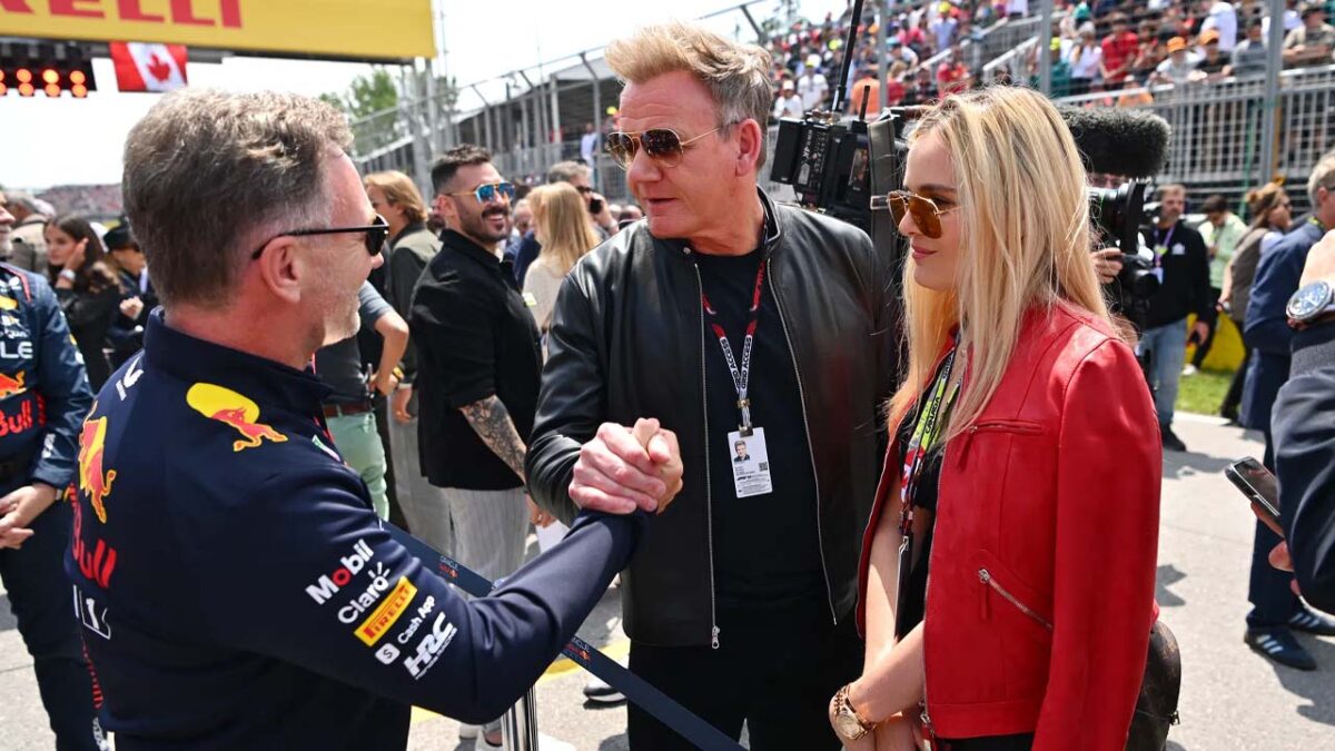 F1 unveils new partnership with infamous celebrity chef Gordon Ramsay 3 Gordon Ramsay meeting Christian Horner at the Canadian GP (via Getty)