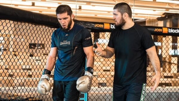 Islam Makhachev and Khabib Nurmagomedov in training