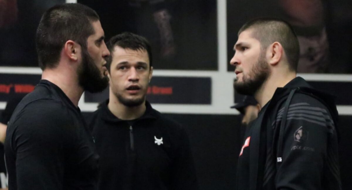 Islam Makhachev and Usman Nurmagomedov with Khabib Nurmagomedov