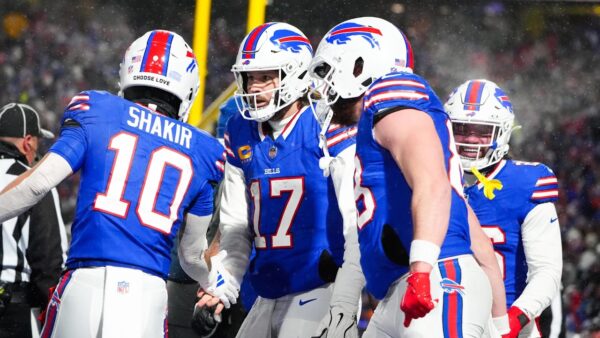 Josh Allen congratulated by Khalil Shakir and other Buffalo Bills players amid the Baltimore Ravens game.