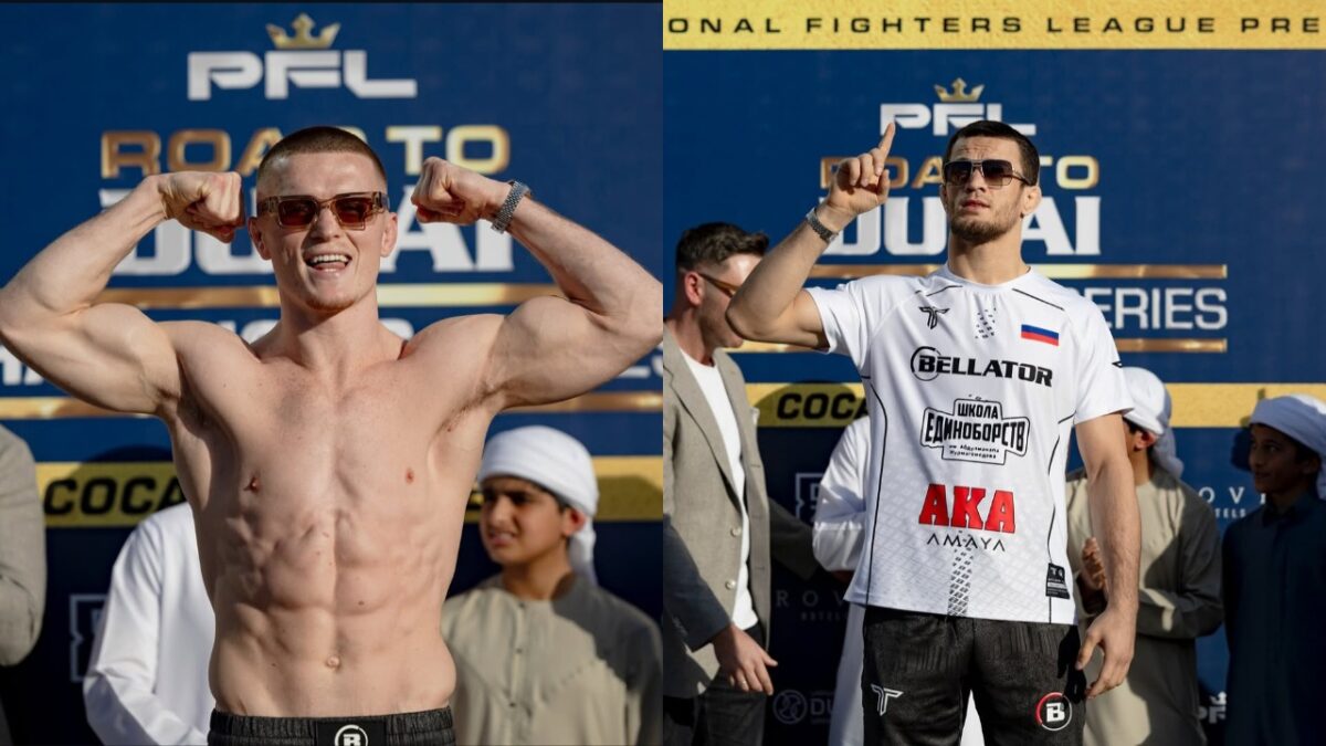 PFL Dubai payouts: How much will Usman Nurmagomedov and Paul Hughes earn? 4 Paul Hughes and Usman Nurmagomedov at the PFL Dubai ceremonial weigh-ins