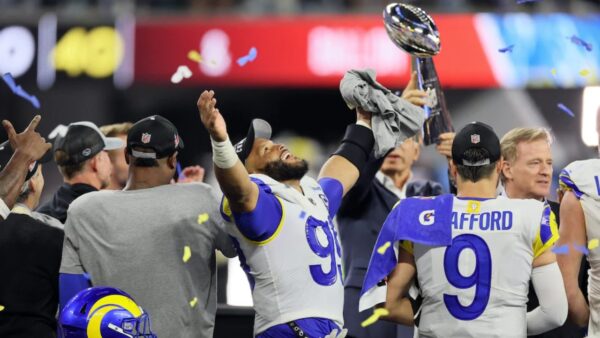 Aaron Donald celebrates after winning the Super Bowl