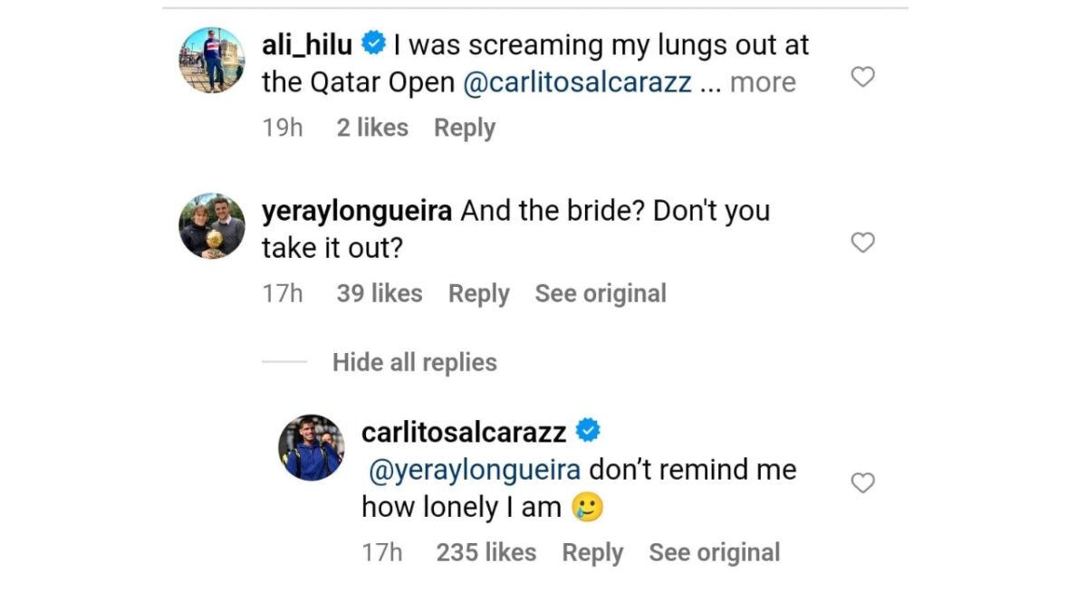 'Single' Carlos Alcaraz laments being "lonely" without a girlfriend in a warm exchange with a fan 3 Carlos Alcaraz Instagram